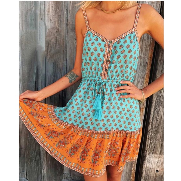 Dresses & Skirts - Bohemian Turquoise  Floral Print Mini Dress Button